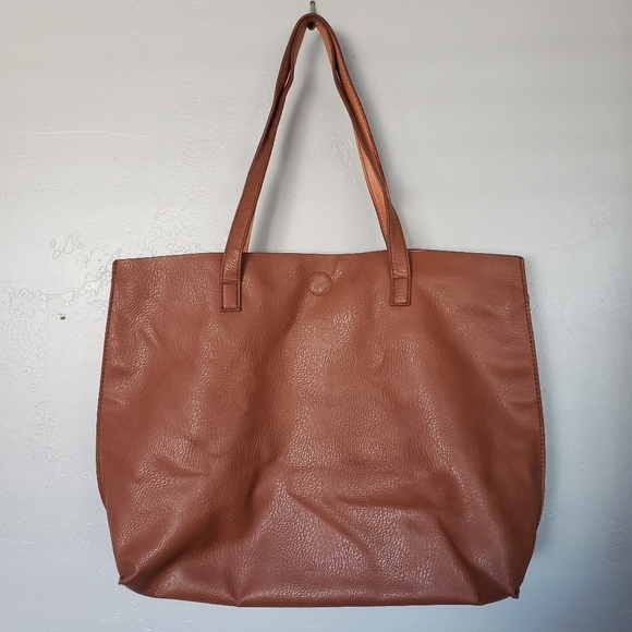Cognac Tan Faux Leather Tote Bag Shoulder Carryall Magnetic Closure Purse - Picture 1 of 9